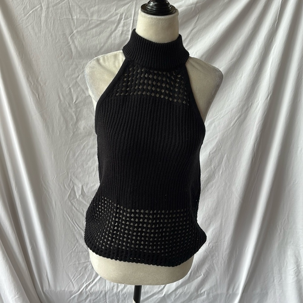 Aqua sleeveless black high neck halter top. Super cute.